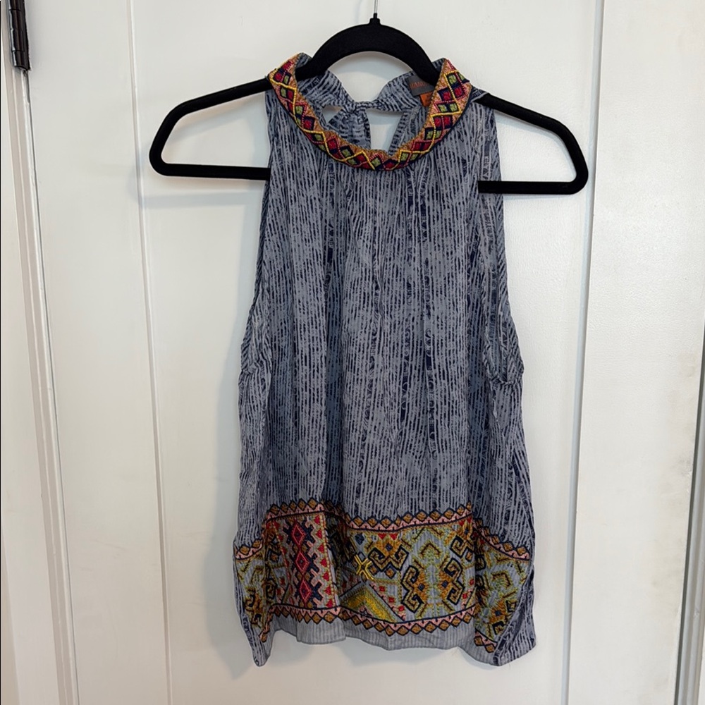 Embroidered Sleeveless Top - Blue and Multicolor